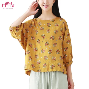 

Women Summer Vintage Floral Print Blouse O-neck Lantern Sleeve Blusas Kawaii Chemise Elegant Female Cotton Linen Casual Tops
