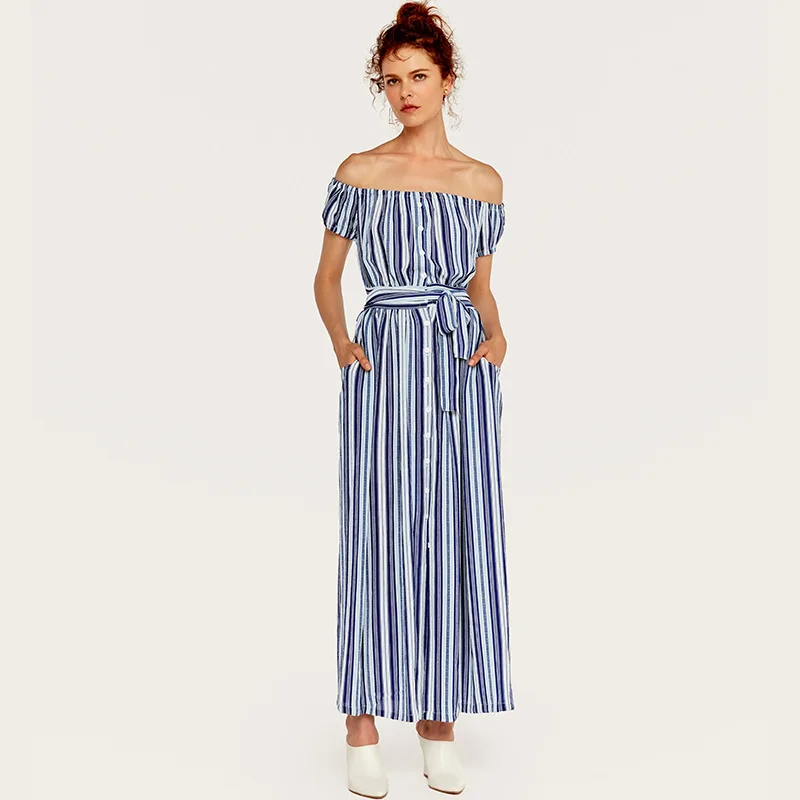 

AcFirst Summer Bohemian Women Dress Striped Printed Long Dresses Strapless Slash Neck Holiday Dress Sexy Plus Size Sundress
