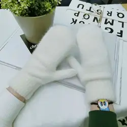 Новые женские зимние теплые вязаные перчатки одноцветное цветное, Двуслойное DIY Варежки женские уличные перчатки для вождения Rabbitu мех Guantes