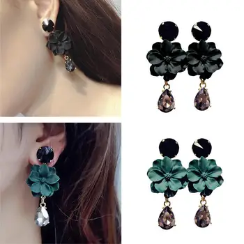 

Vintage Black/Green Faux Crystal Women Flower Long Drop Pendant Dangle Earrings Banquet Cocktail Party Jewelry Earrings