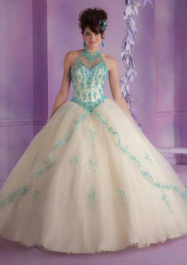 Debut Ball Gowns Quinceanera Dress for 15 Years Tulle Appliques Halter New Fashion Design 2015 Girls Special Party Clothing4