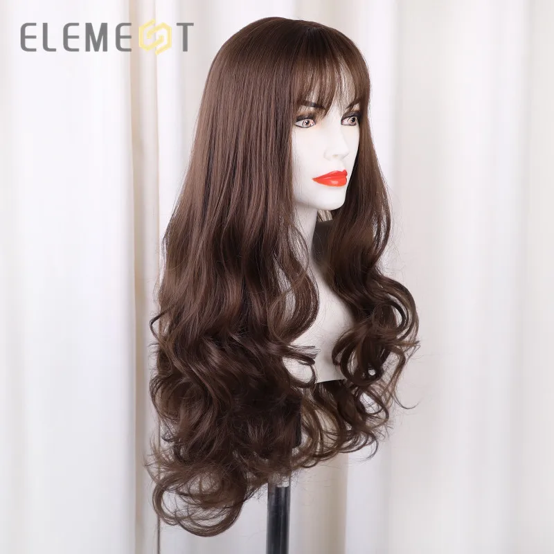 Element, 24 дюйма, длинный синтетический парик с челкой, модные, натуральные, волнистые, косплей, вечерние, парики для женщин, средний парик, шапка