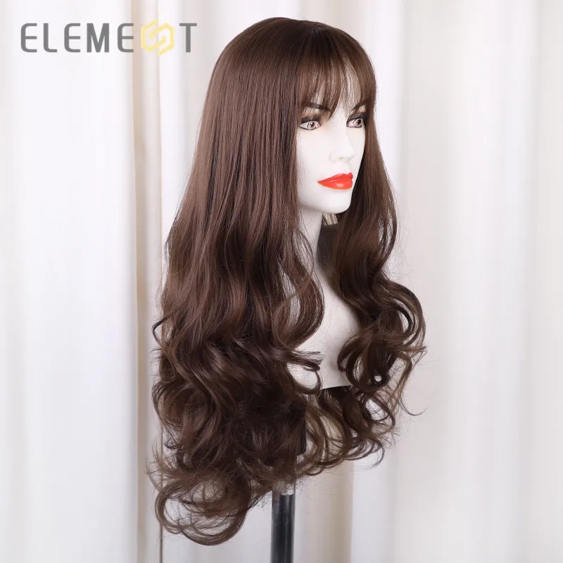 Elemento peluca sintética larga de 24 pulgadas con flequillo moda Natural onda Cosplay pelucas de fiesta para mujeres media peluca Cap envío gratis
