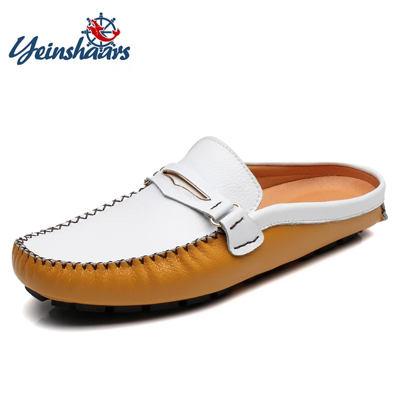 

YEINSHAARS Summer Genuine Leather Men Shoes Luxury Brand Casual Loafers Shoes Moccasins Slip On Half Slippers Plus Size 38-47