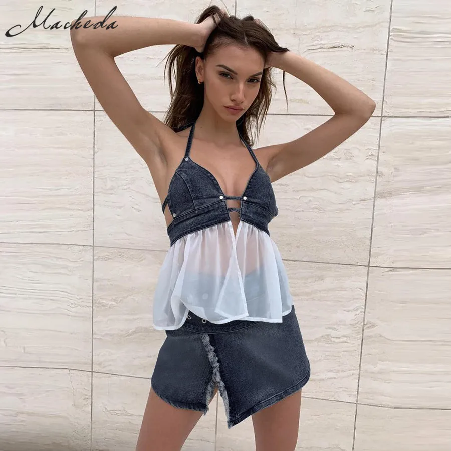 

Macheda New Casual Set Halter Mesh Patchwork Sling And High Waist Mini Skirts Two Pieces Set Women Fashion Denim Set 2019