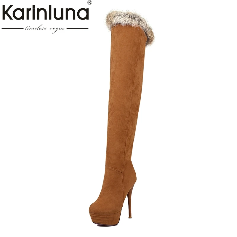 

KARINLUNA 2018 Large Size 32-43 Platform Women Shoes Sexy Thin High Heels Over The Knee Boot Black Winter Boots Woman Rabbit Fur