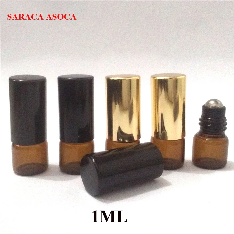 

Whoelsael 1ml Mini Brown Color Ball Glass Bottles 100pcs/lot Steel Ball Essential Oil Glass Refillable Bottles Black Cap