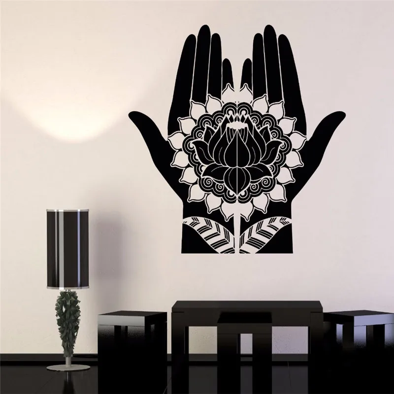 

New Design Flowers Vinyl Wall Decal Mehndi Decoration Beauty Hands Henna Lotus Stickers Removable Yoga Room Home Decor