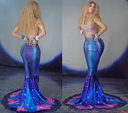 Для женщин Костюм Русалки для косплея 3D печати Кристаллы Жемчуг рыбий хвост платье бар вечерние танцовщица команда роль