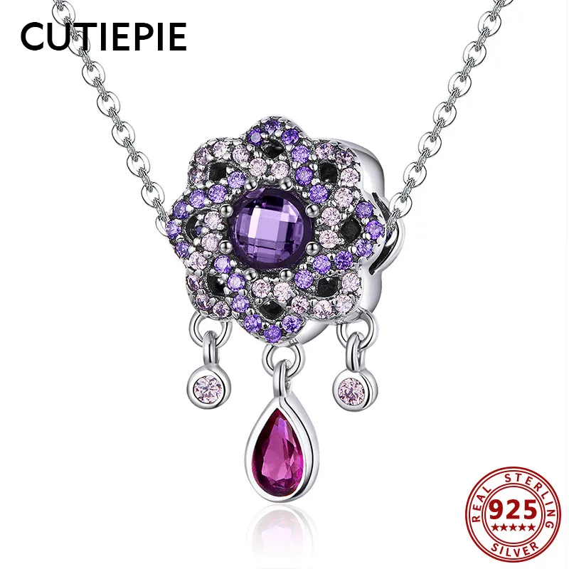 

CUTIEPIE Trendy 100% Real 925 Sterling Silver Purple CZ Flower Shape Necklace for Women Pendant Necklace Silver Jewelry Gifts