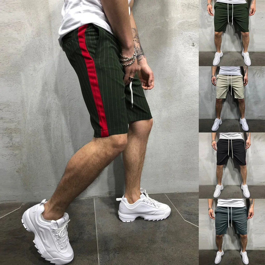 

2019 New Shorts Men Casual Joggers Striped Patchwork Pocket Drawstring Short Pants Trouser Clothing Short Homme Spodenki Meskie