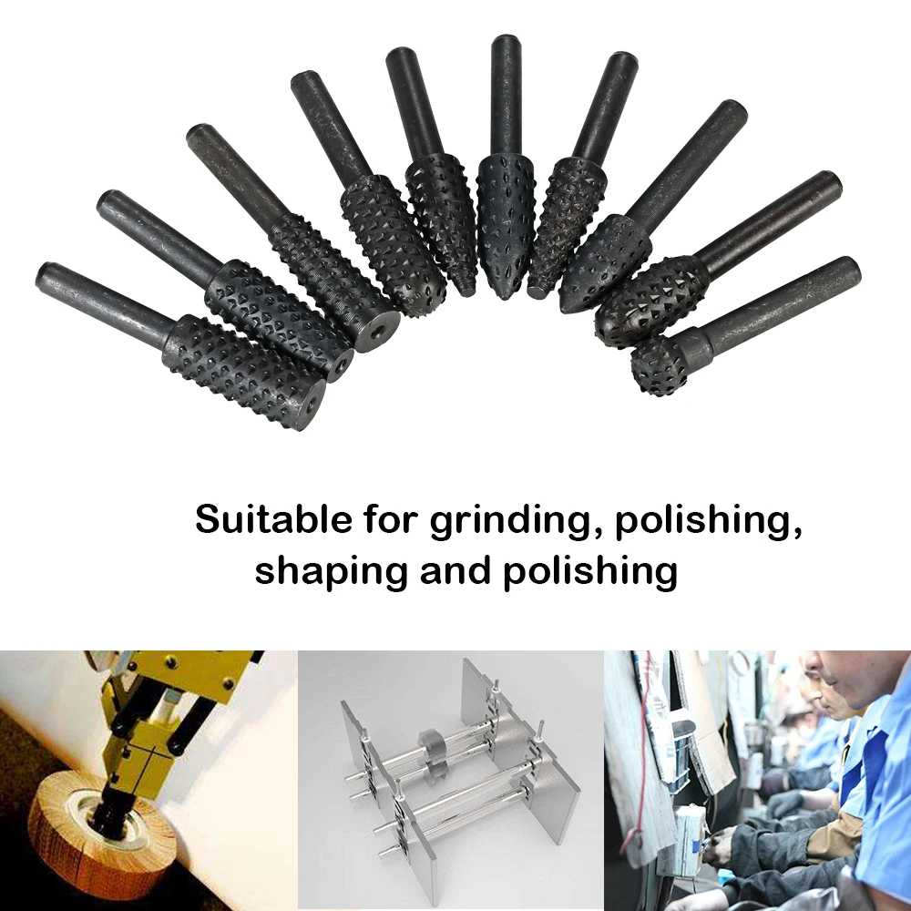 

10pcs Rotary Files Rasp Set Woodworking Engraving Grinding dremal drill Bits 6mm Shank Carbon Steel Milling Cutter power Tools
