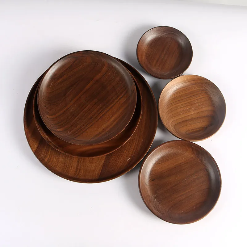 

Japanese Round Solid Walnut Wood Pan Plate Fruit Dishes Saucer Tea Tray Dessert Dinner Bread Wood Plate