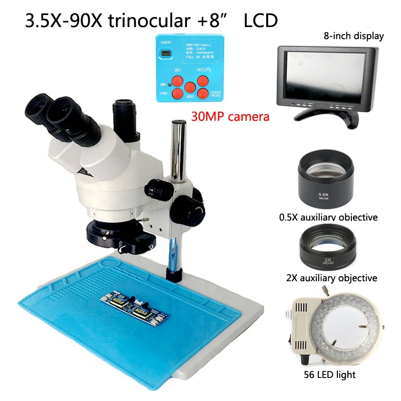 

Trinocular stereo microscope 3.5X-90X zoom ratio + 30MP HDMI microscope camera + 56 LED + 0.2X 2.0X objective lens + 8" LCD
