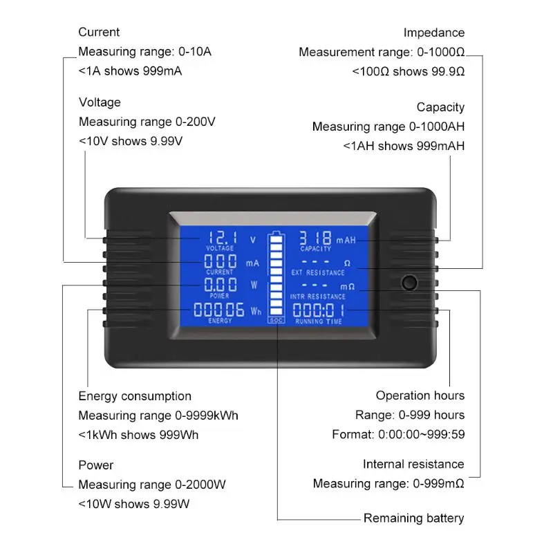 Тестер емкости батареи кулонометр 0-200 в 0-10A 0-2000 Вт Вольтметр Амперметр Напряжение Ток Сопротивление Емкость энергии измеритель мощности