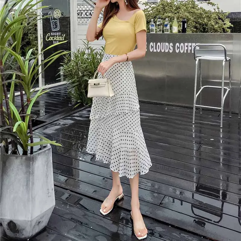 Новая летняя мода Boho горошек юбки женские шифон, высокая талия гофрированная Юбка-миди Повседневный праздничный пляжный юбки чудо - Цвет: W1
