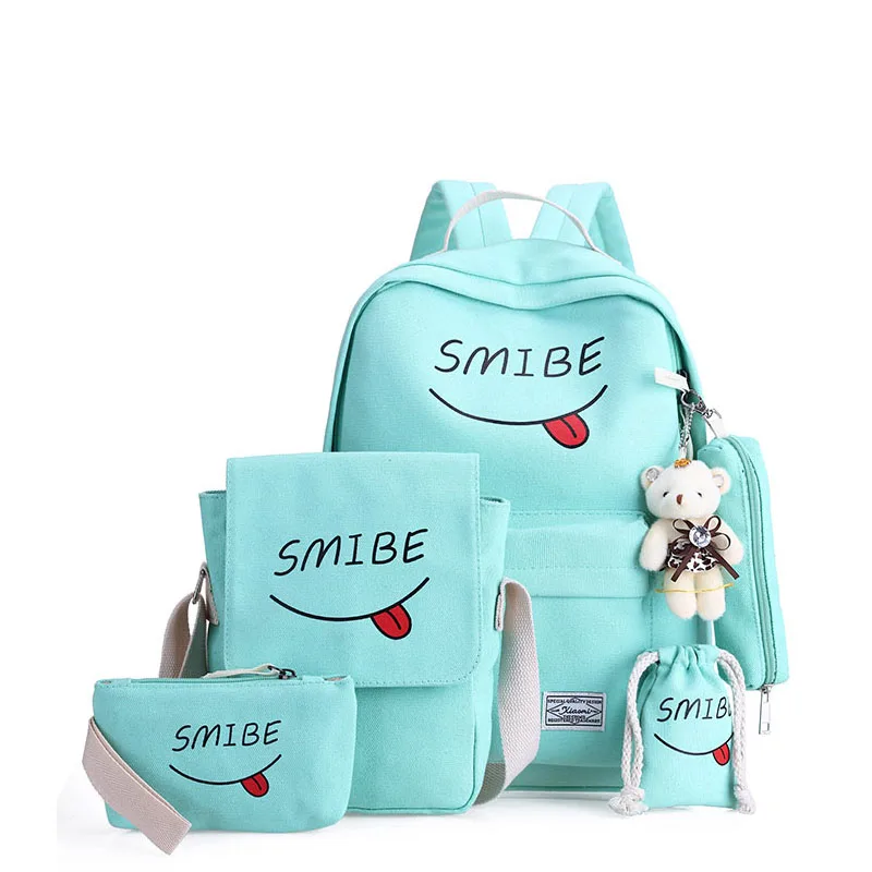 Women Canvas 5Set Backpack Printing Students Bookbag 5 Pcs School Bag