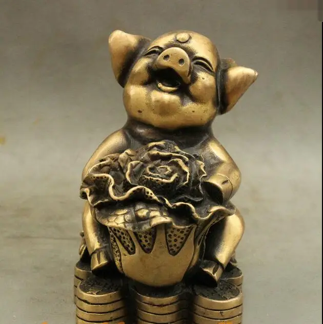 

Folk China Bronze Wealth Coin Chinese Cabbage Cai Lucky Pig Statue Sculpture