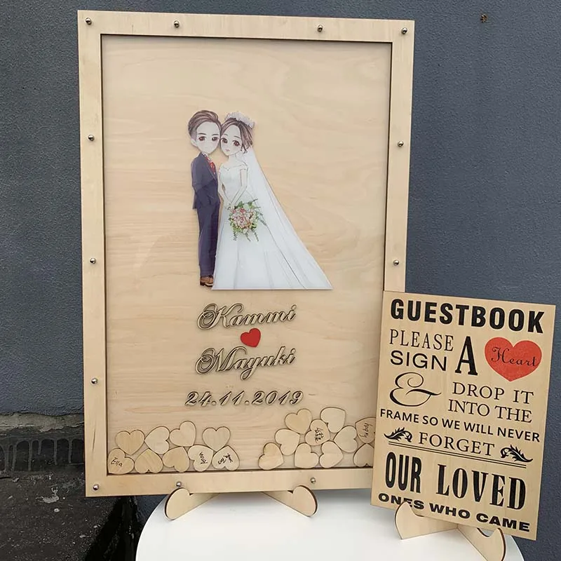 Wooden Wedding Wood Frame Heart Guestbook Wedding Decoration Memorial Guest Frame Heart Guestbook 120pcs Small Wood Hearts