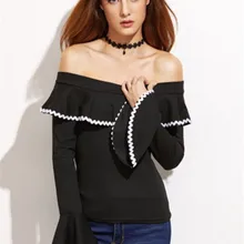 Женская Сексуальная футболка с рюшами летняя футболка с открытыми плечами и длинным рукавом с расклешенными рукавами черная полосатая вечерние блузки