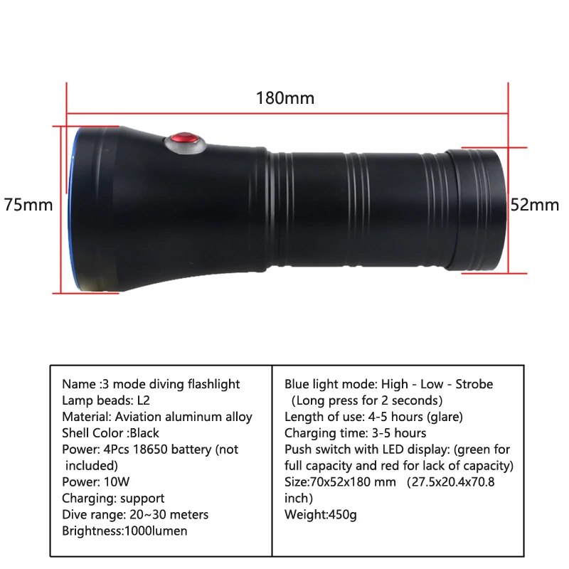 1000 лм светодиодный фонарик для дайвинга 10 Вт L2 перезаряжаемый Водонепроницаемый 18650 фонарь для подводного погружения 3 режима высокий-низкий-Стробоскоп+ батарея+ зарядное устройство