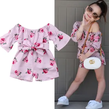 

2018 Brand New Princess Baby Girl Floral Romper Off shoulder Flare Sleeve Bow Striped Jumpsuit Playsuit Outfit Sunsuit Clothes
