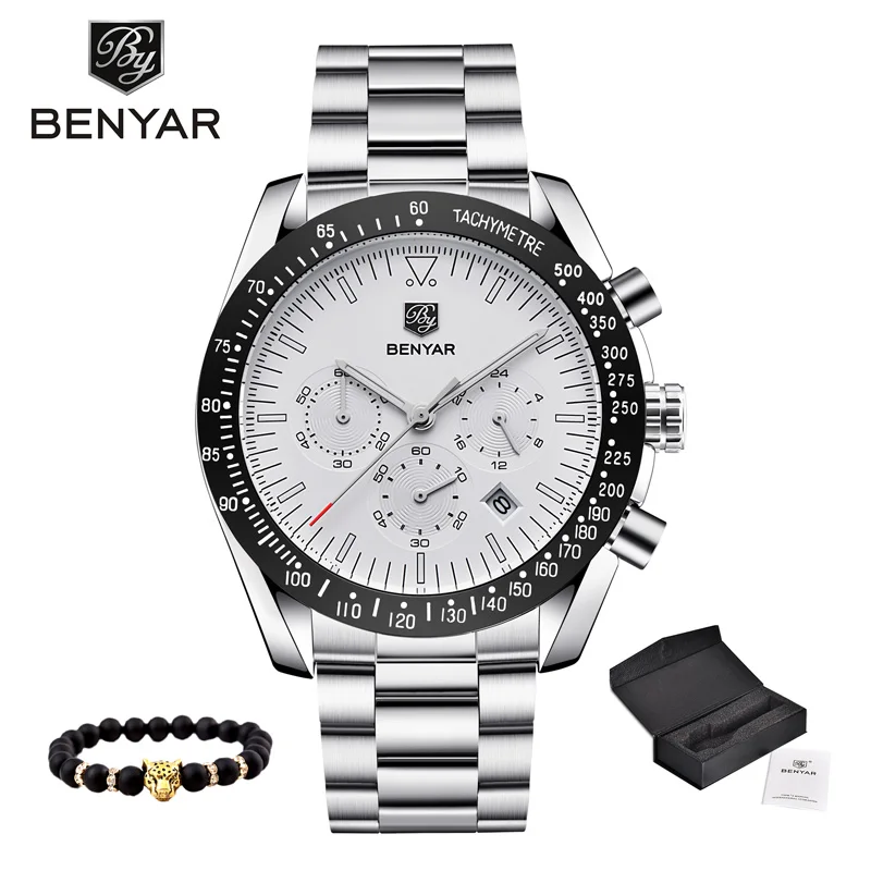 Новые мужские часы BENYAR Топ бренд класса люкс кварцевые часы для бизнеса мужские часы настенные часы хронограф водонепроницаемый Relogio Masculino - Цвет: Black-White