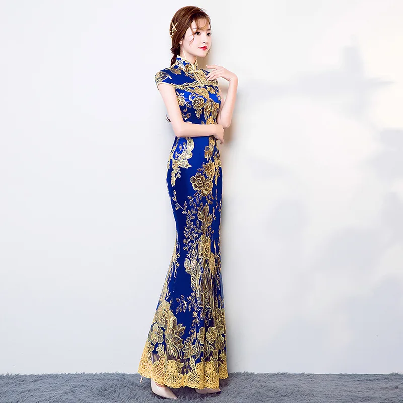Новый Кружева вышитые китайское традиционное платье Для женщин блестками и длинными рыбий хвост Cheongsam Винтаж восточные длинные Qipao