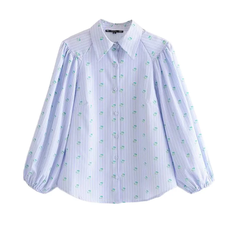 

Women Elegent Striped Floral Print Blouse Sweet Lantern Sleeve Turn Down Collar Shirt Casual Female Tops FFZSY378