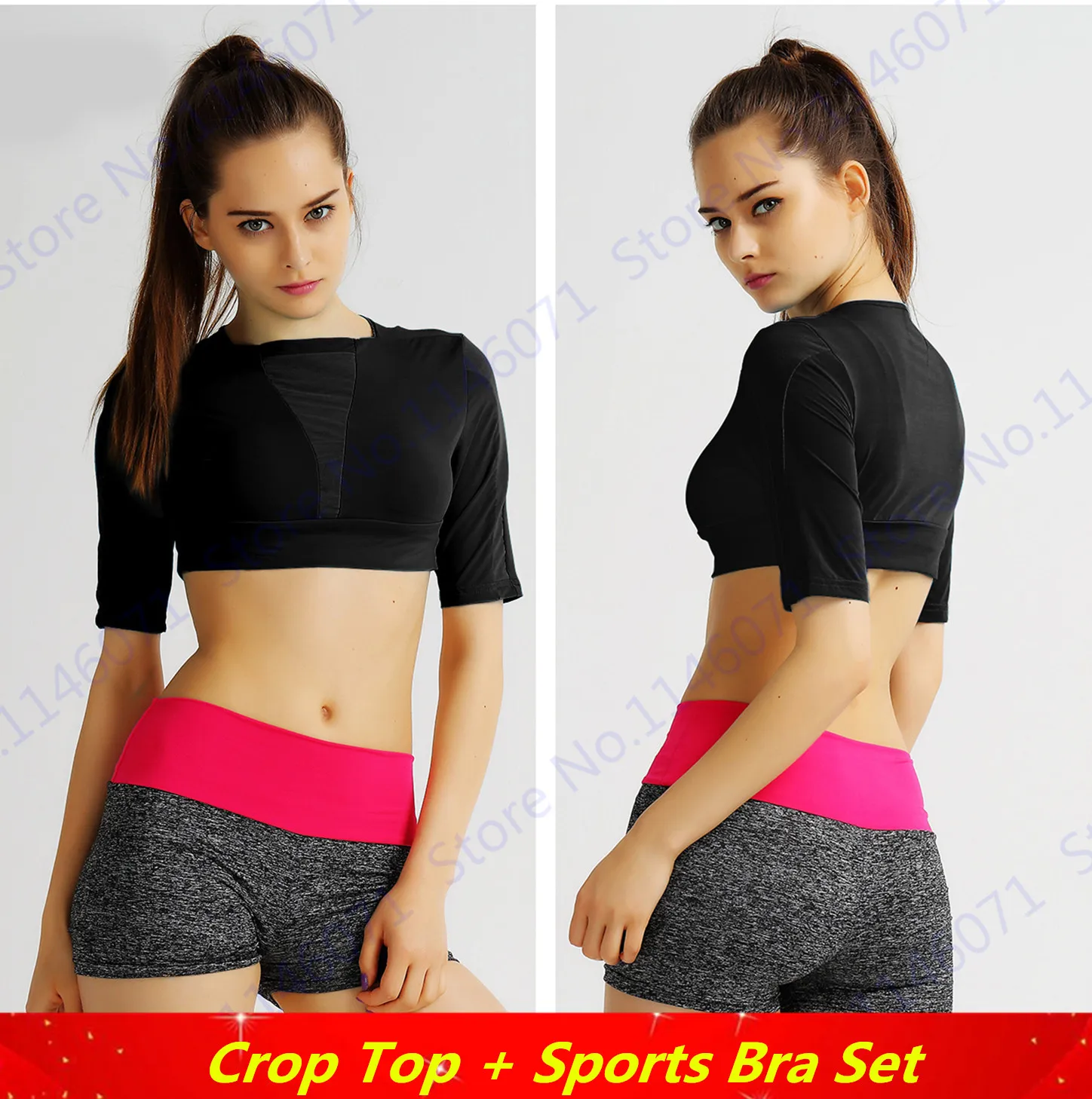 Black Fitness Aerobics Crop Top Halfsleeved Sports Running Shirt