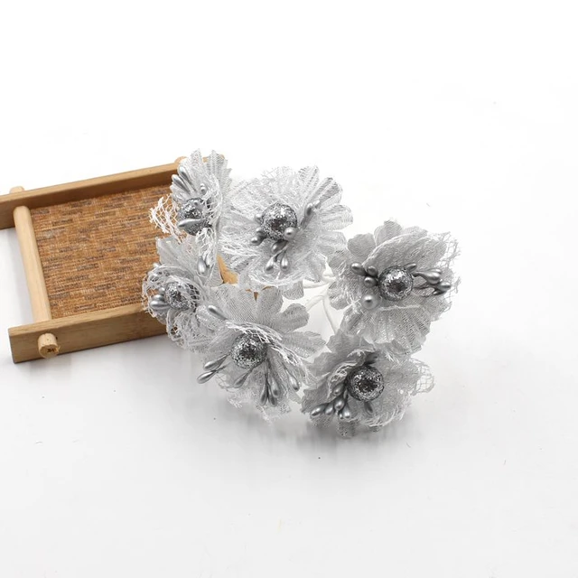 6pcs Glitter Silver Artificial silk flower bouquet for Wedding Decoration garland material candy