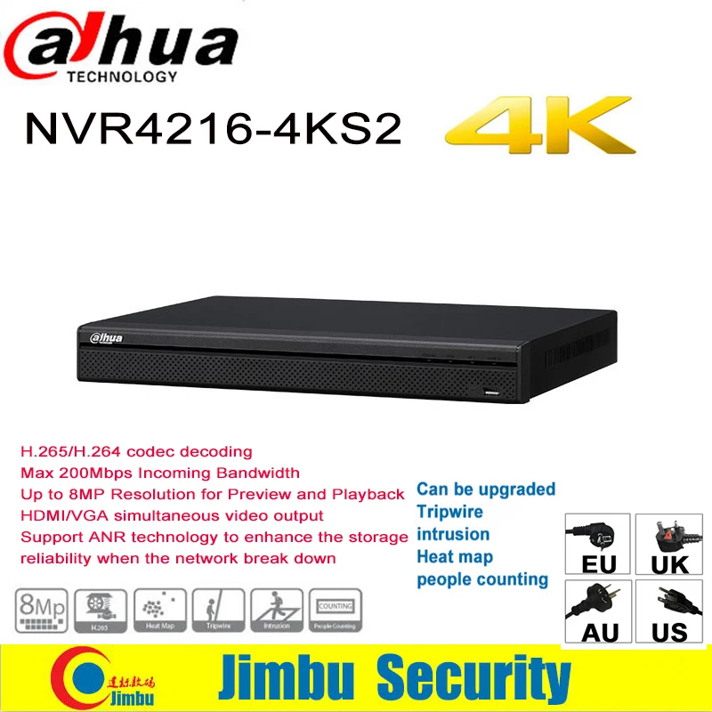 Dahua NVR 4 К NVR4216-4KS2 16CH H.265 H.264 до 8MP Разрешение Max 200 Мбит/с Tripwire Поддержка ANR технологии для IP Камера DVR
