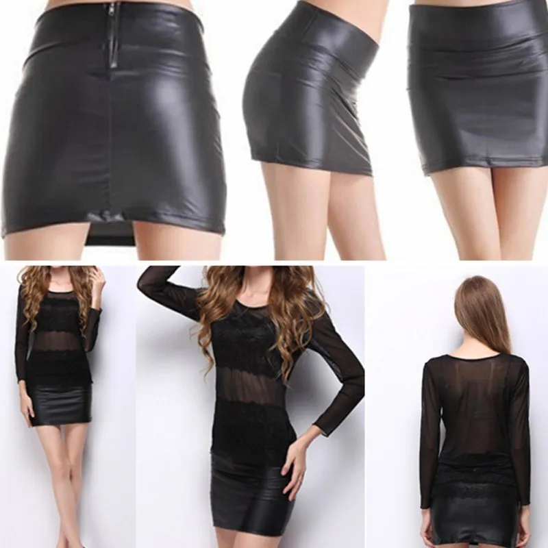 Women Sexy Bodycon Mini Skirt Faux Leather Zip High Waist Mini Short Skirt S-3XL