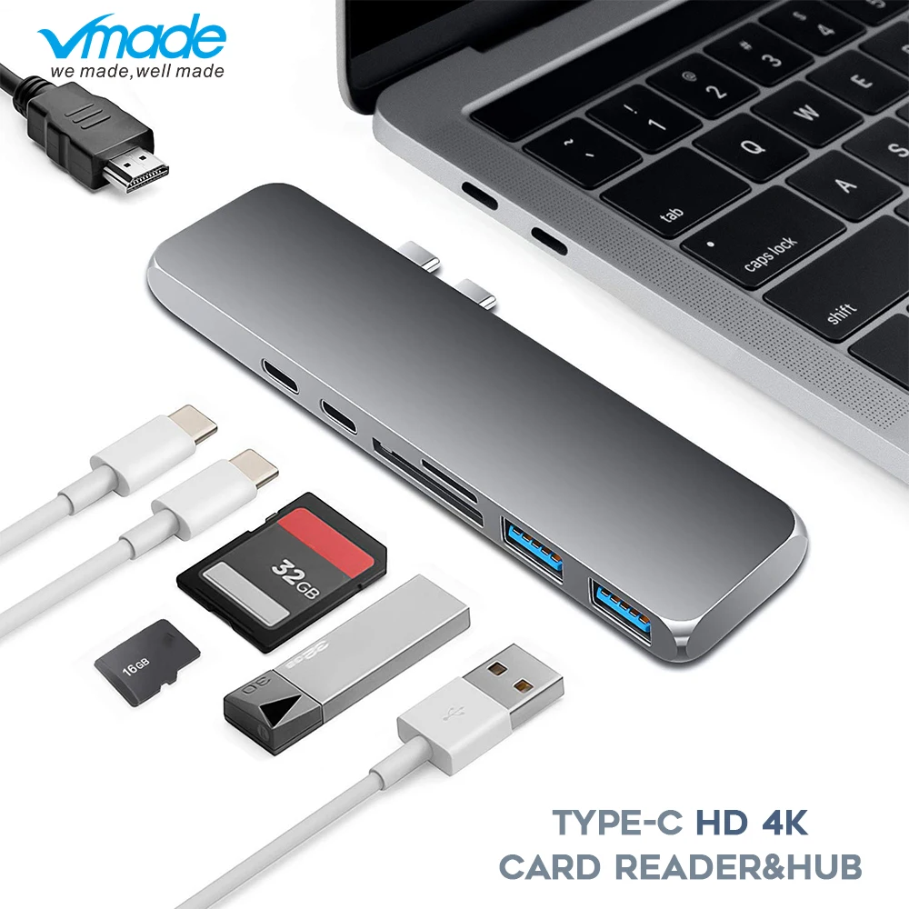 

Vmade Hot Sale Type-C USB-C HUB Thunderbolt 3 1080p 4K Power Converter for MacBook Air 2018 or MacBook Pro 7-in-1 Mini Adapter
