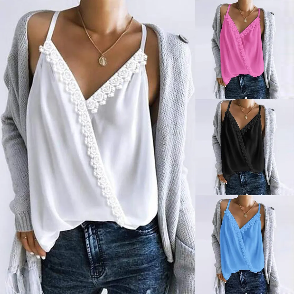 

Summer Women Sexy V Neck Sleeveless Lace Patchwork Casual Tank Tops women clothes 2019 topic summer top female tops