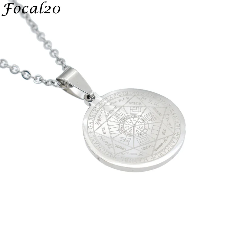 

Focal20 Trendy Stainless Steel The Seven Archangels Necklace Solomon Round Pendant Link Chain Necklace Unisex Jewelry