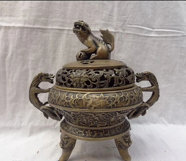 

bi003260 10" Tibet Bronze Buddhist Dragon PiXiu Lion Ball Statue Incense Burner Censer
