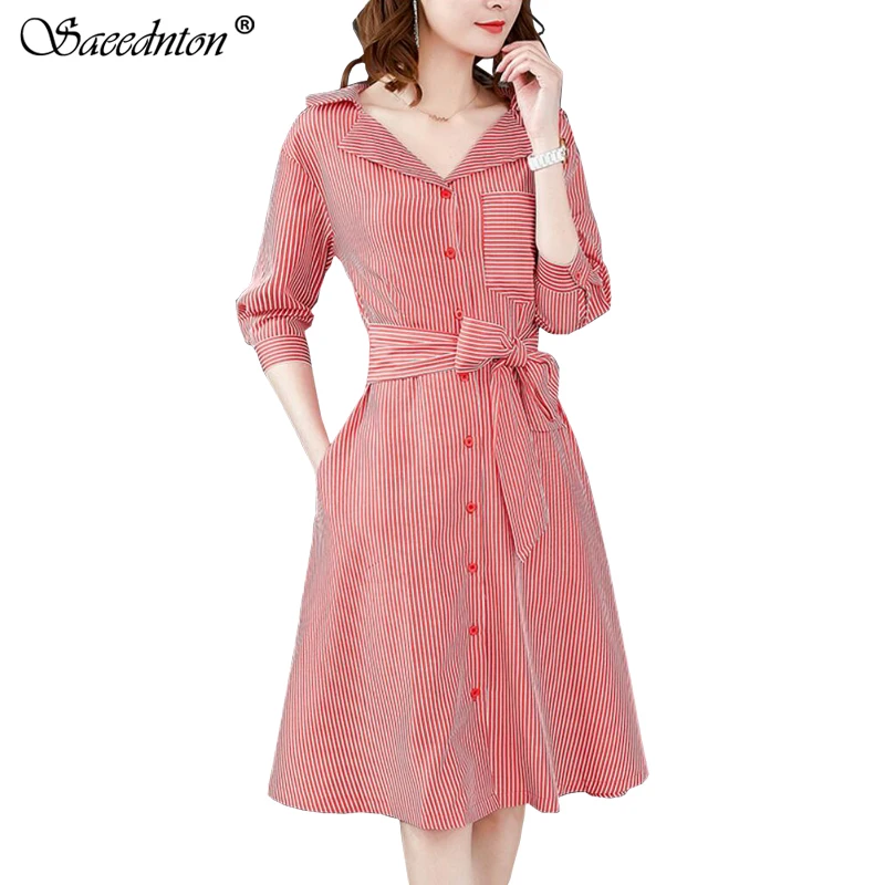 

Elegant 3/4 Sleeve Knee Length OL Striped Dress For 2019 Women Utumn Female Office Lady Sashes Sexy Casual Party Winter Dresses