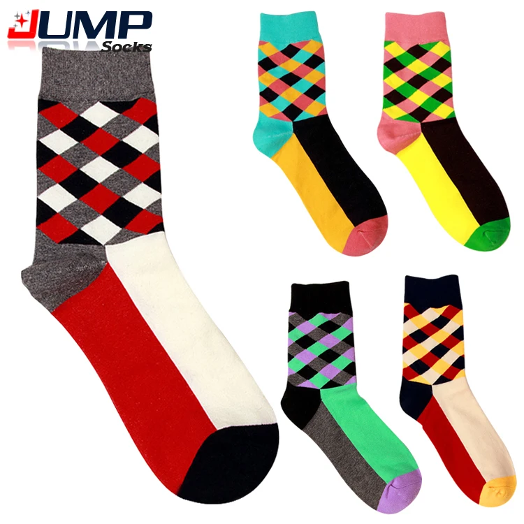 2015 New style Colorful Diamond Lattice Men's Combed Cotton socks high