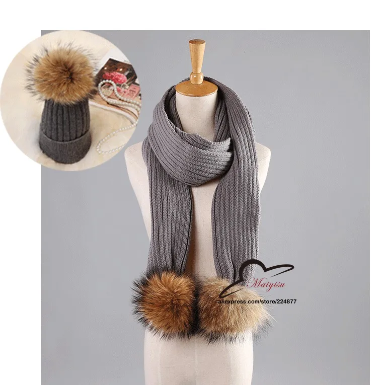 Зимние классические длинные шарфы для женщин полосатый узор вязаный шерстяной шарф натуральный мех енота Pom pom hat beanie шеи носить аксессуары