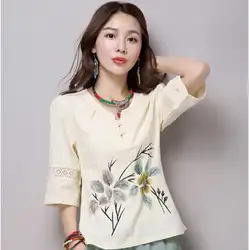 Новый дизайн Китай Национальный стиль футболка изменение в народном стиле девушка ткань tangsuit Hanfu Футболка красивая леди sammer одежда хлопок