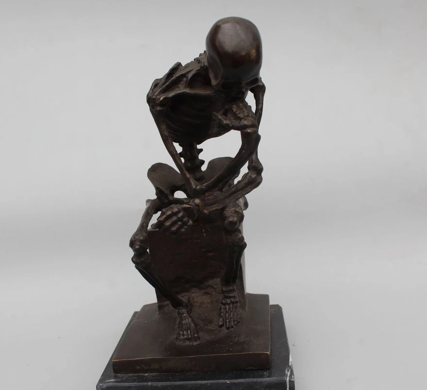 

9"Art Decor Pure Copper Bronze Marble Base Figurine Skull Thinker Statue Sculptu