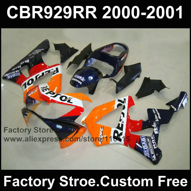 

Custom free Motorcycle fairing set for HONDA CBR 929 RR 2000 2001 CBR 929RR 00 01 CBR 900R orange blue repsol fairings bodykits