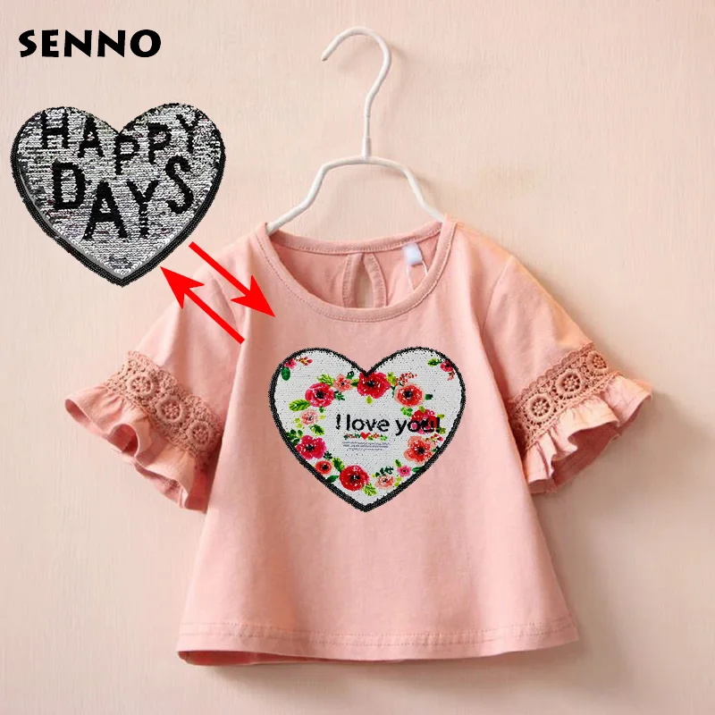 

Double Side Glitter Reversible Sequin Heart Girls Toddler Infant Child Kids Baby Girl Tops T shirt Ruffles Half Sleeve T Shirts