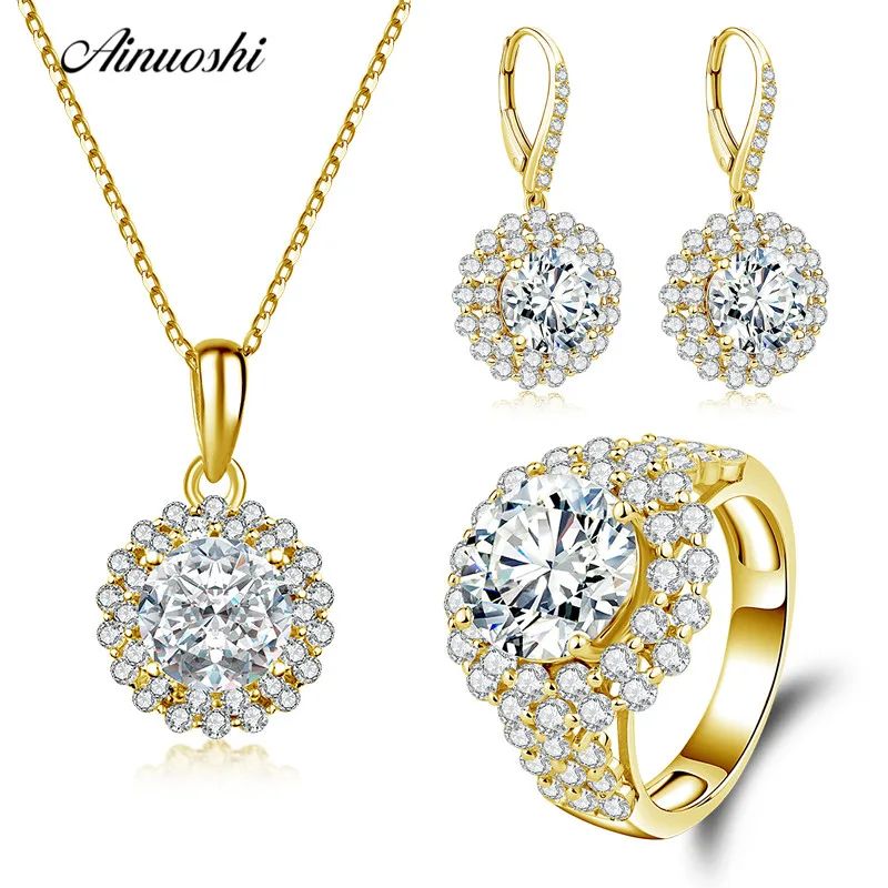 

AINUOSHI 10K Solid Yellow Gold Jewelry Set Round Cut Pendant Halo Ring Drop Earring Engagement Wedding Lovers Jewelry Set Gift