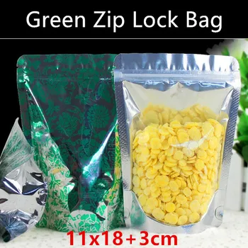 

Wholesale 100pcs 11*18cm+3cm 180micron Green Foil Stand up Zip Lock Bag Tea/Cereals/Spice/Candy/Nuts Packaging Bag