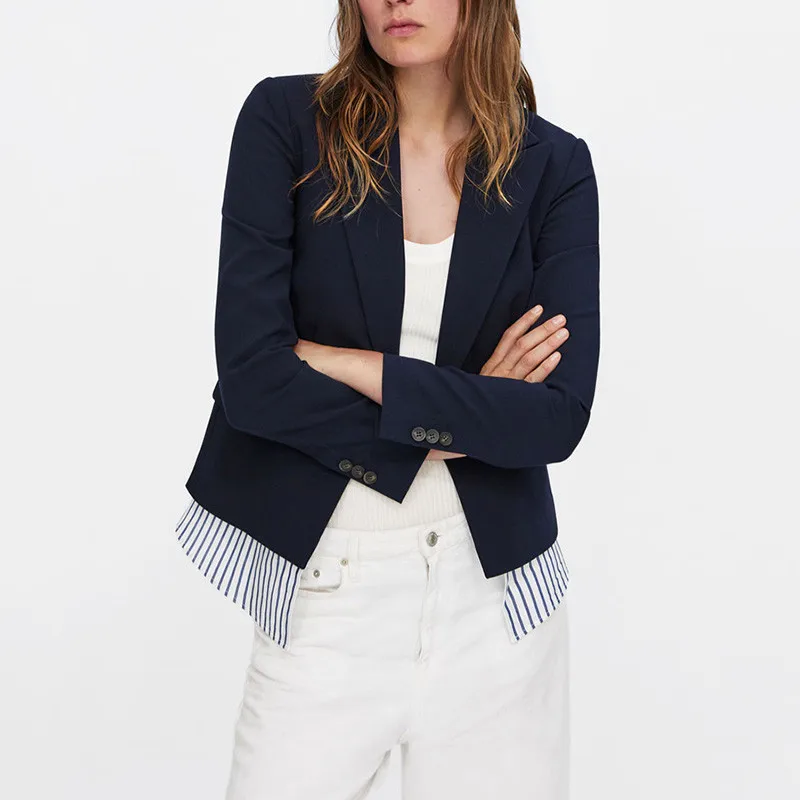 Chic Survêtement Rayé Longues Junelove Femmes Tops Blazer Manches Élégant Femelle Poches Manteau Cranté Patchwork Clair Col OqpSq
