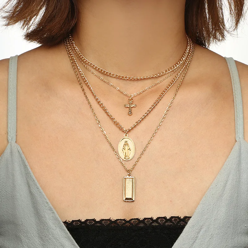 

Hiphop Gold Cube Bar Pendant Necklace Virgin Mary Cross Charm Layered Necklace Jesus Cross Jewelry Fashion Women's Necklace 2019