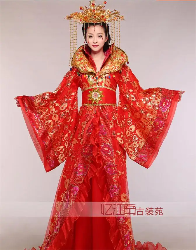 Женское платье со стоячим воротником, благородное платье со шлейфом, одежда королевы династии Тан, Древний китайский костюм - Цвет: Красный