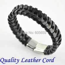 14 мм ширина черный Настоящее кожаный шнур моды человека Браслеты Jewelry Нержавеющая сталь магнитная застежка